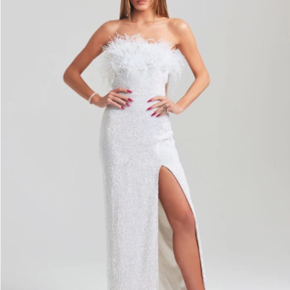 Retrofete Dolly Sequin Feather Dress in Moonglow White